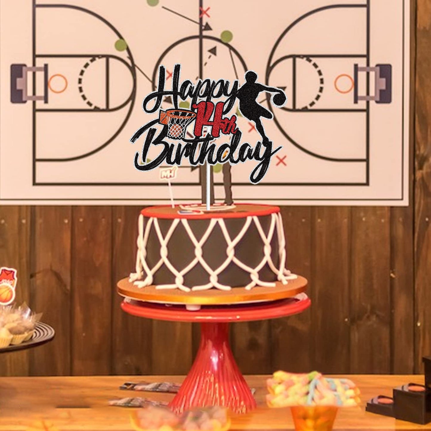 LINGBOOM Basketball Cake Topper for 14th Birthday, Sport Theme Decoration, Model C-14th Basketball-Black, Perfect for Boys Kids