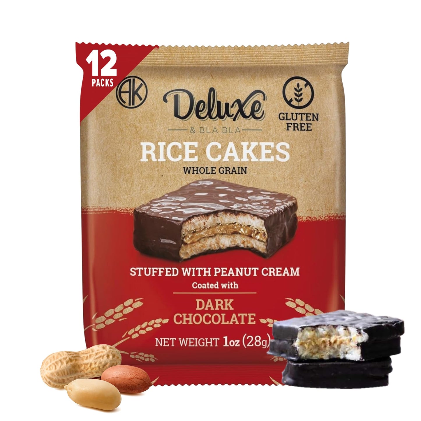 Deluxe & Bla Bla Stuffed Rice Cakes - Whole Grain Chocolate Rice Cake,Gluten Free,Low Calorie,(Alfajor) Kosher Certified - Peanu