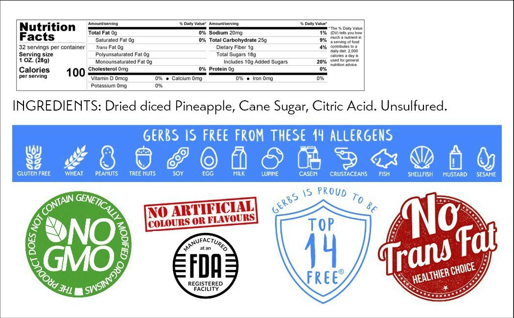 Gerbs Dried Pineapple Cubes, 2 LBS - Preservative Free & Unsulfured - Top 14 Food Allergy Free & Non GMO - Product of Thailand