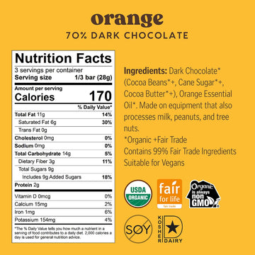 Theo Chocolate Orange Organic Dark Chocolate Bar, 70% Cacao, 12 Pack | Vegan, Fair Trade