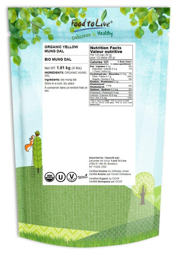 Food To Live Organic Yellow Mung Dal, 4 Pounds - Non-Gmo, Peeled Split Mung Beans (Moong Dal). Ayurvedic Food. Easy To Cook. Hig