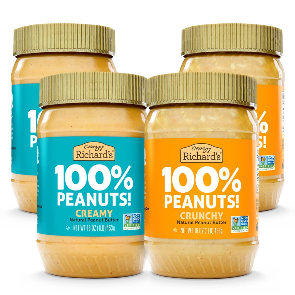 Crazy Richards 100% All-Natural Vegan Creamy & Crunchy Peanuty Butter with No Added Sugar and Non-GMO Variety Pack (16 Ounce Pack of 4)