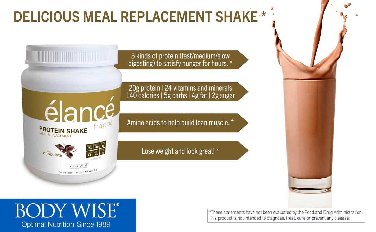 Bodywise Elance Frappe Chocolate Meal Replacement Shake, 18 oz, 1.12 lb, Pack of 1