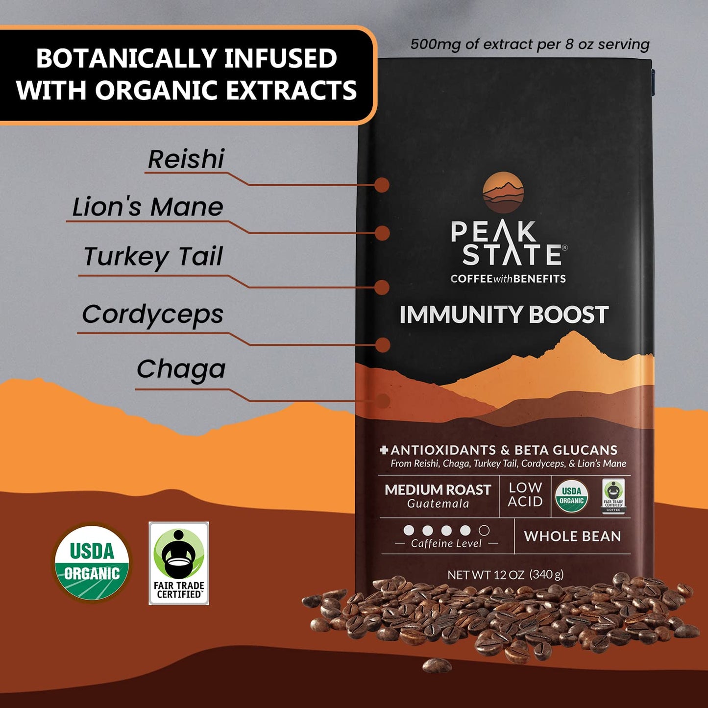 Peak State Coffee With Functional Mushrooms, Low Acid, Whole Bean (Focus, Boost Immunity, & Destress) (Immunity Boost)