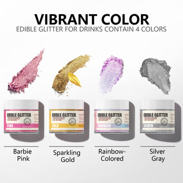 Edible Glitter for Cocktails,Gold/Silver/Rainbow/Pink Luster Dust,4 Colors Food Grade Cake Decorating Sprinkles Glitter for Drin