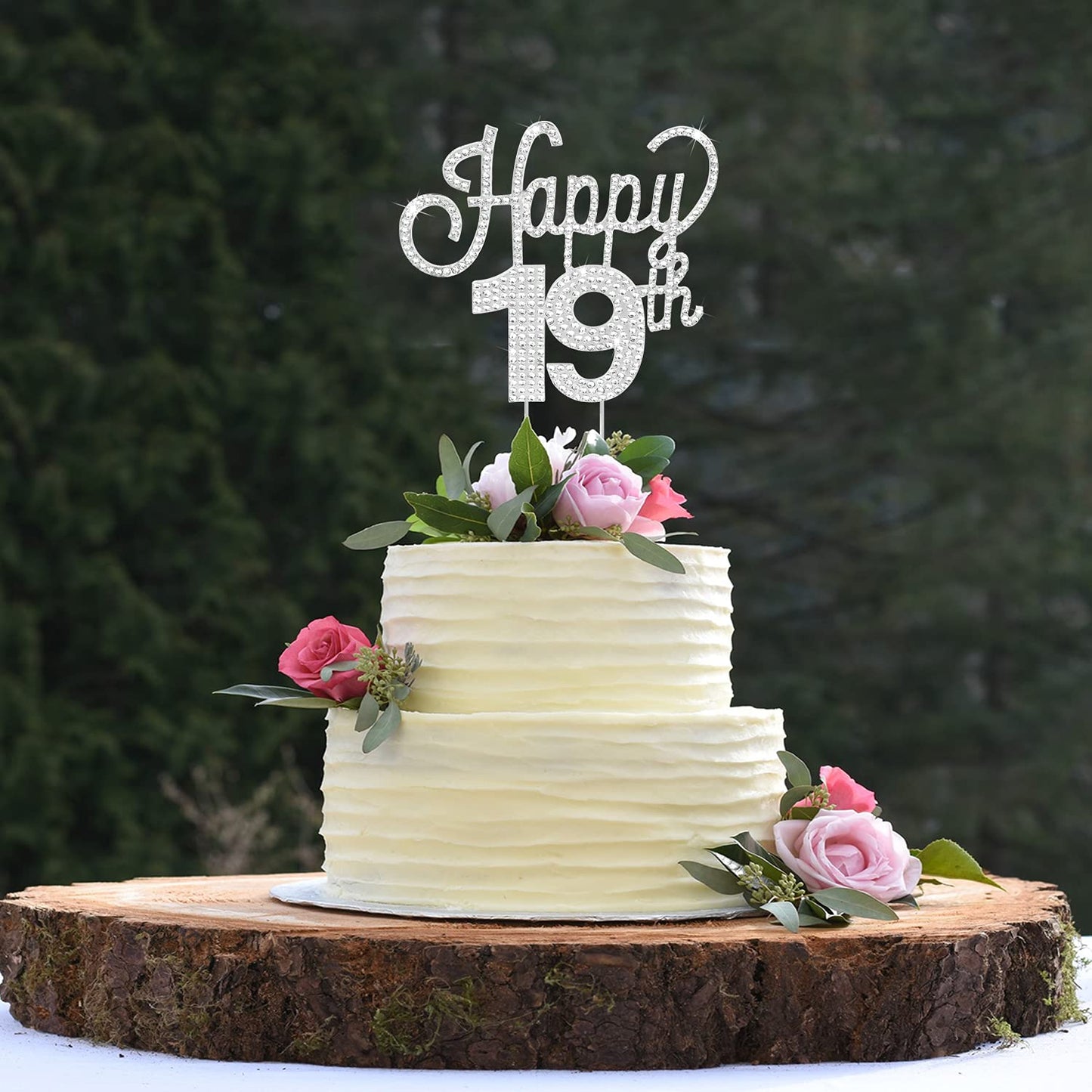 Lingteer Happy 19Th Birthday Silver Rhinestone Cake Topper - Cheers To 19Th Birthday Nineteen Years Old Party Cake Centerpieces