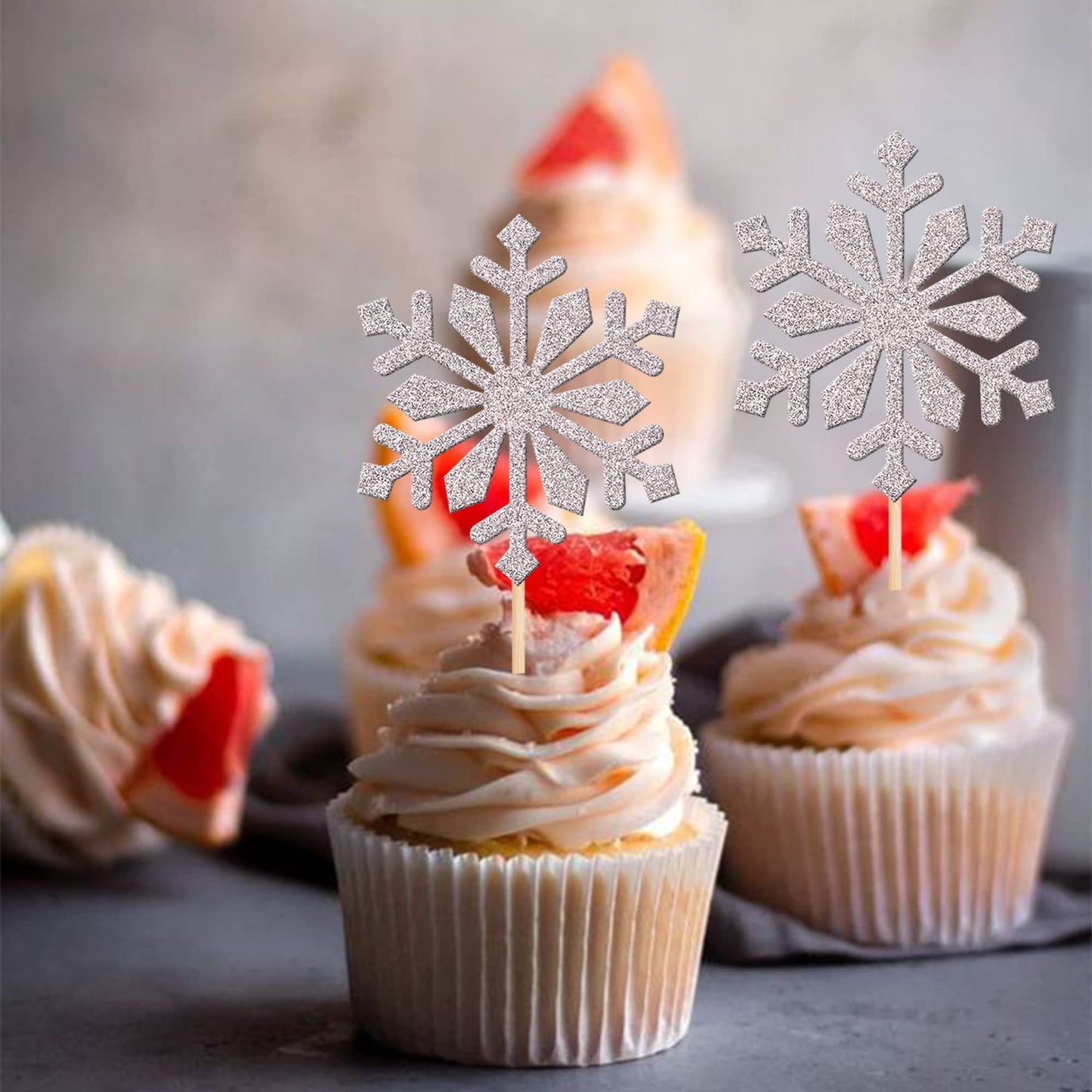 30 PCS Silver Snowflake Cupcake Toppers Glitter Winter Frozen Theme Snowflake Cupcake Picks for Winter Wonderland Baby Shower Bi
