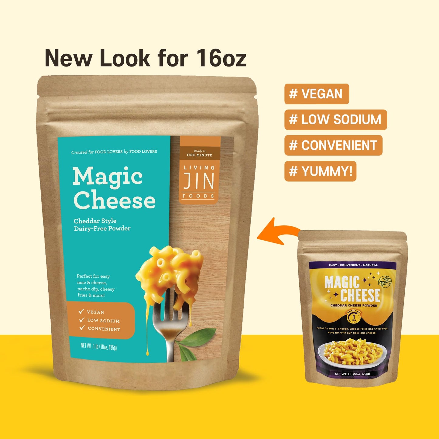 LIVING JIN Vegan Magic Cheese Sauce Powder, Dairy Free, Low Sodium, 16oz (Makes 43oz)