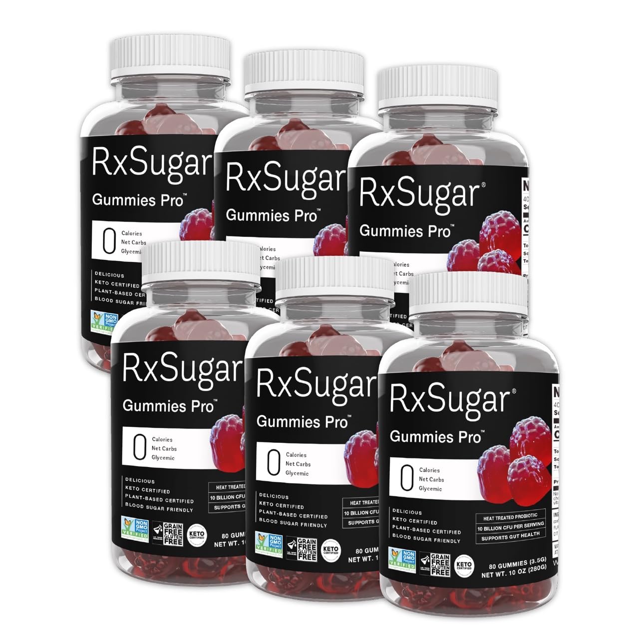 RxSugar Gummies Pro | 6 Bottles | 480 Gummies | 0 Sugar, 10 Billion CFU Probiotics | Dye-Free | Non-GMO | Gluten-Free (6)