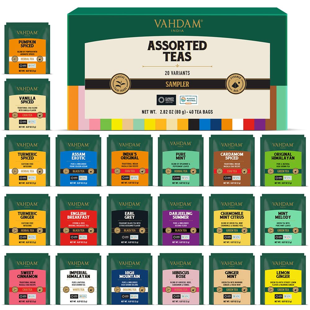 VAHDAM Assorted Tea Sampler - 20 Variants, 40 Pyramid Tea Bags, Premium Variety Pack, 2 Count (Pack of 25)
