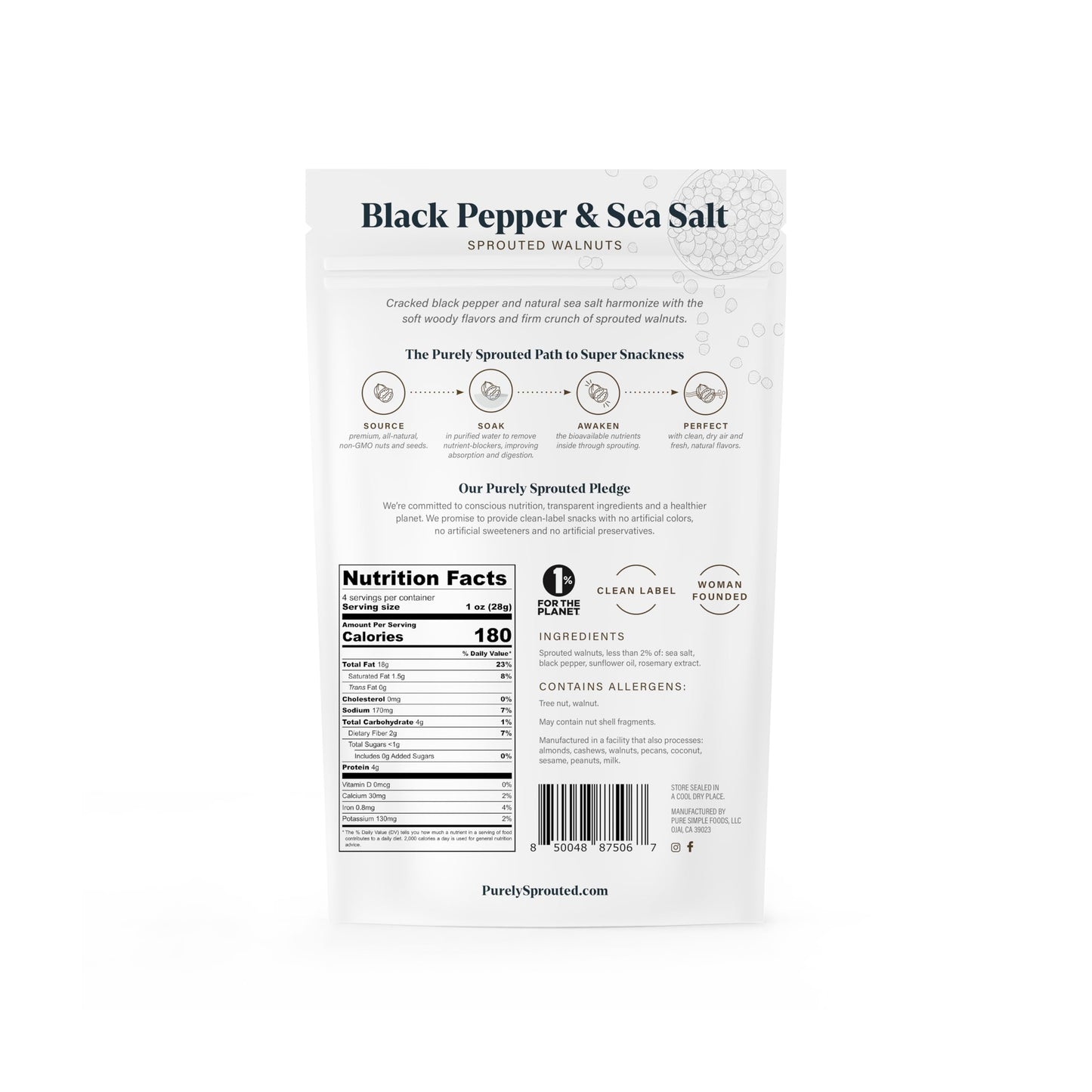Purely Sprouted Black Pepper & Sea Salt Sprouted Walnuts, Non-Gmo Superfood For Healthy, Certified Usda Organic, Gluten-Free Sna