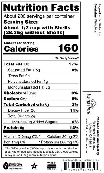 Fiddyment Farms 25 Lbs Salt Free In-Shell Pistachios