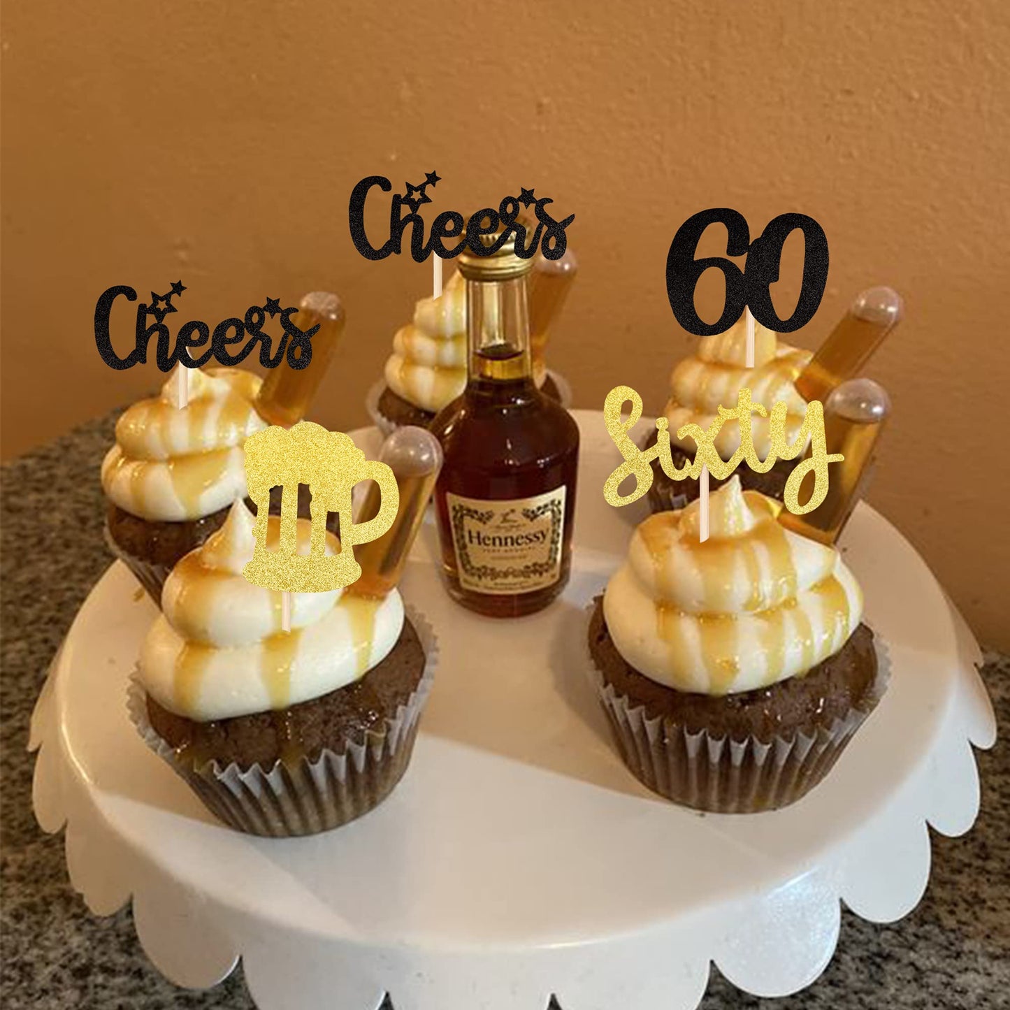 ZHUOWEISM Cupcake Toppers, 36 PCS Glitter malt-inspired Mug Decorations, Gold and White, Paper and Bamboo, Small Size for 60th Birthday Party