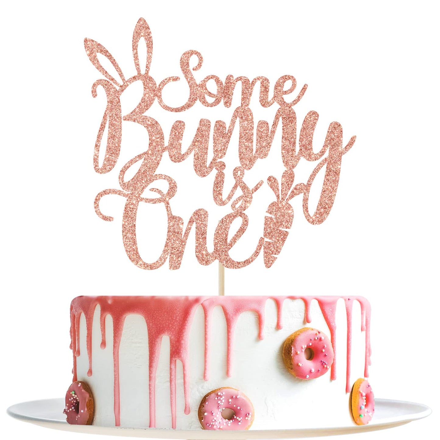 Some Bunny Is One Cake Topper - Bunny 1St Birthday Decor - Easter Baby Shower Decor First Birthday Easter Theme Party Decorations Rose Gold Glitter