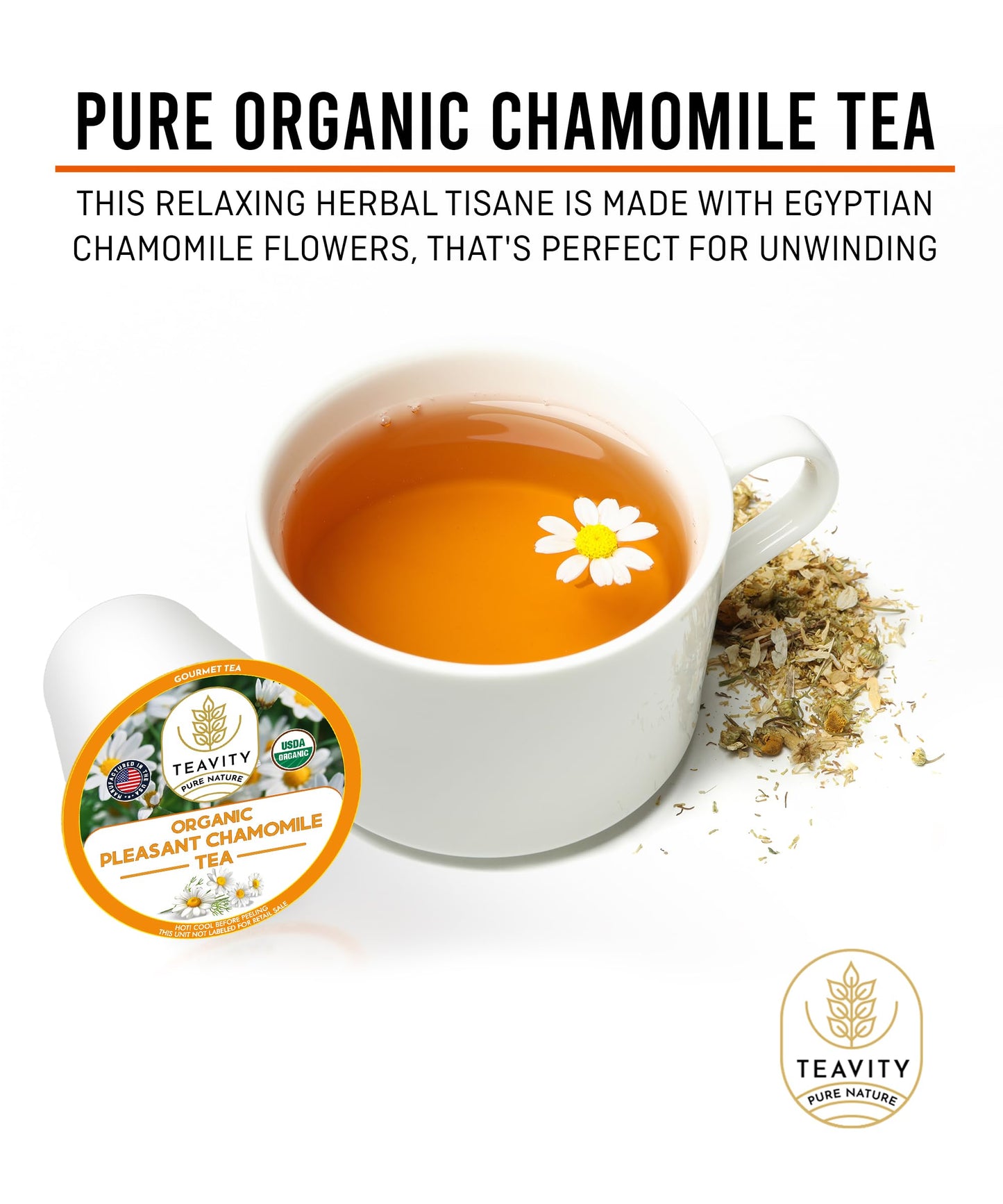 Teavity Organic Chamomile Tea Pods - Decaf, 24 Count, Compatible with Keurig