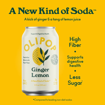 OLIPOP Prebiotic Soda Pop, Ginger Lemon, A New Kind of Soda Packed with Prebiotics, Fiber, and Botanicals, Gluten Free, Vegan, G