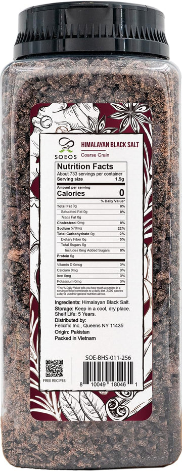 Soeos Himalayan Black Salt, Coarse Grain, 2.4 Pound (39 Oz), Gluten-Free, Natural Mineral Enriched, Natural Faux Egg Flavor, Egg