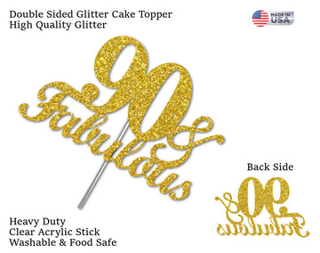RokAPary 90th Birthday Cake Topper, Gold Glitter, Premium Quality Acrylic, Sturdy Double-Sided, Model RCTF