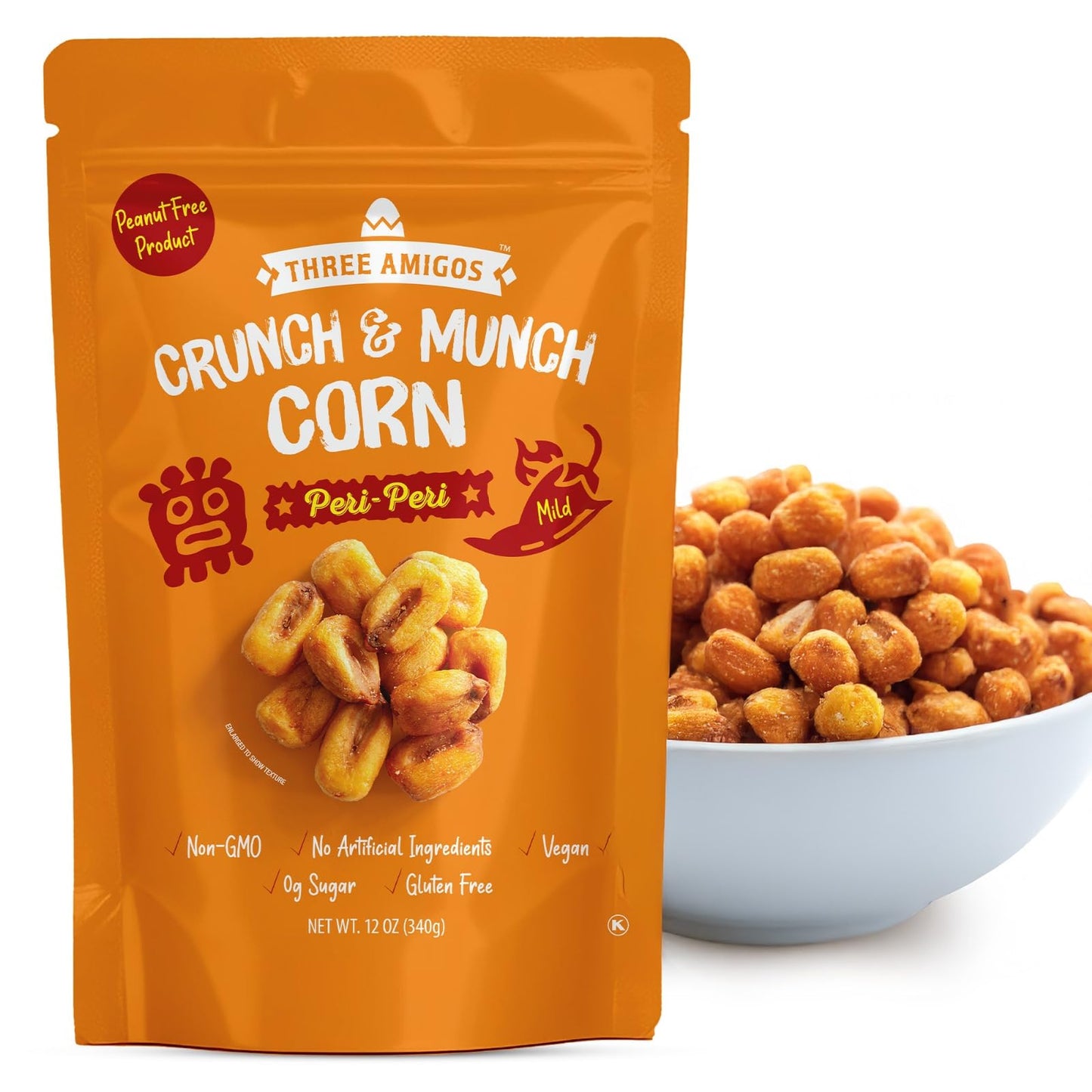 Three Amigos Corn Nuts Peri Peri Flavor, Crunchy Roasted Corn Snack Made from Toasted Corn Kernels, Vegan Gluten & Peanuts Free