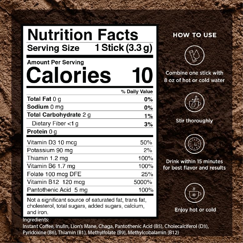 VitaCup Focus Mushroom Coffee Instant Packets for Memory & Clarity Support w/Fiber Chaga Lions Mane D3 B Vitamins Medium Roast 100% Arabica & Robusta Coffee in Single Serve Sticks 24 Ct