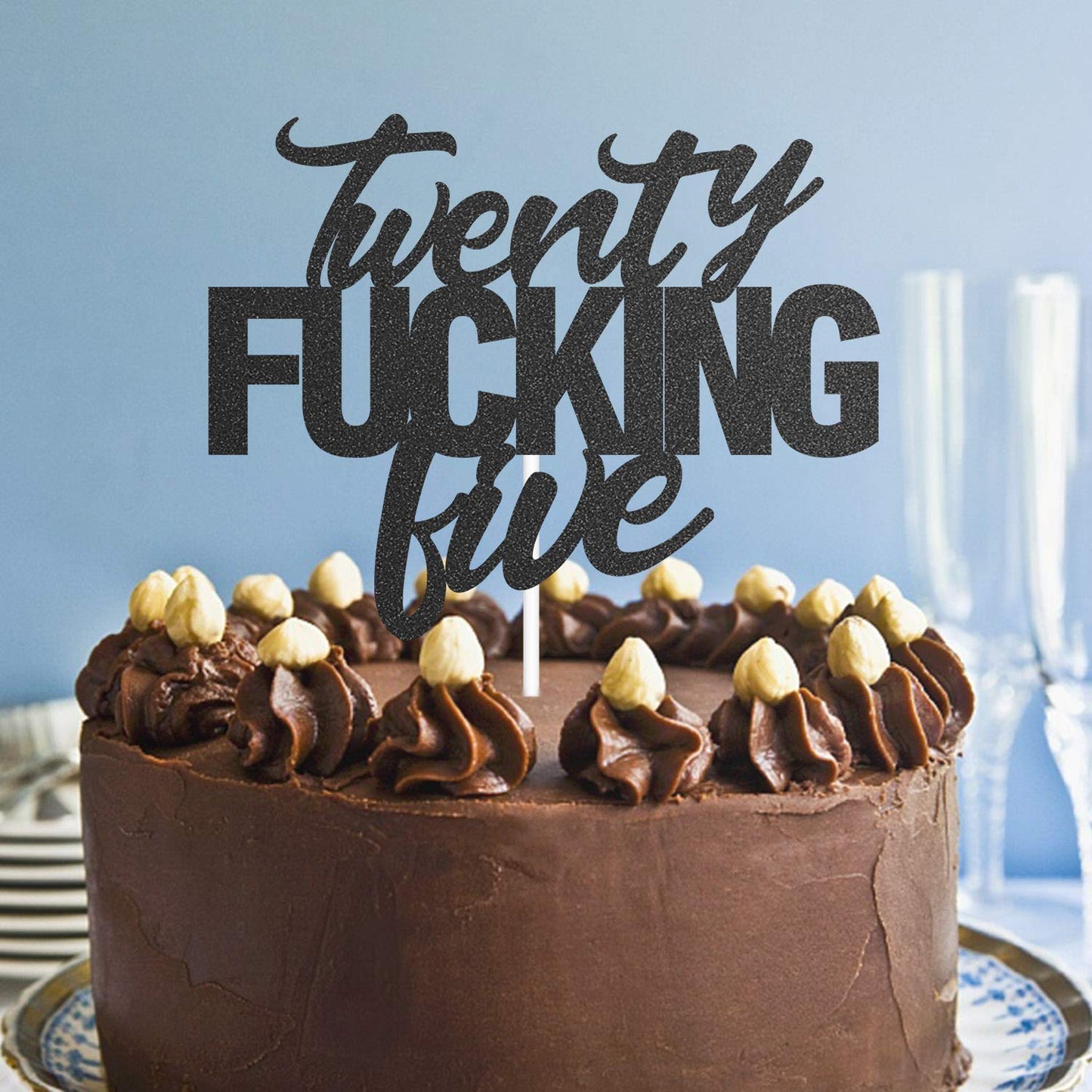 Twenty Five Black Glitter Cake Toppers 25 Years Old 25Th Birthday Party Decorations Supplies