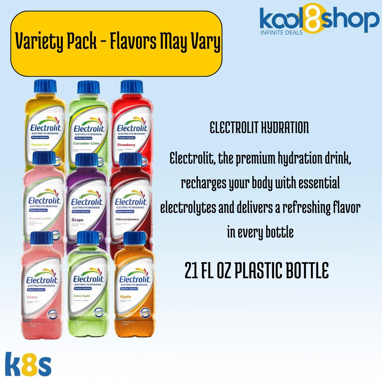 Electrolit Variety Pack Flavors May Vary Hydration Drink With Electrolytes 21 Fl Oz Plastic Bottles 9 Pack + 1 Microfiber Coolin