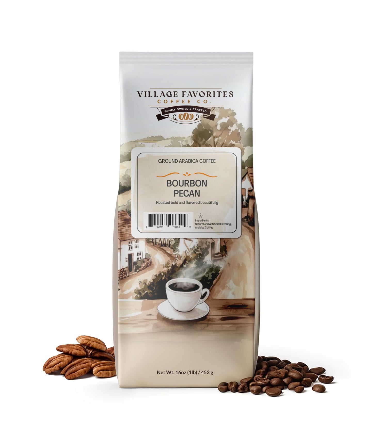 Village Favorites Flavored Coffee - Low Acid Mold-Free 100% Arabica Slow Roasted Medium Roast Smooth & Stomach Friendly Ground 1Lb Bag (16Oz)- Kosher (16Oz Flavor Blend Pecan)