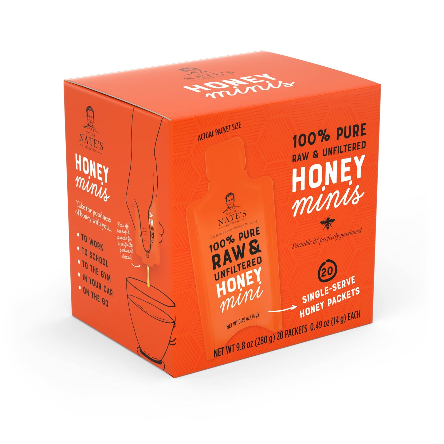 Nate'S Honey Minis - Single-Serve 100% Pure, Raw & Unfiltered Honey - 0.49Oz Packets, 20Ct Box