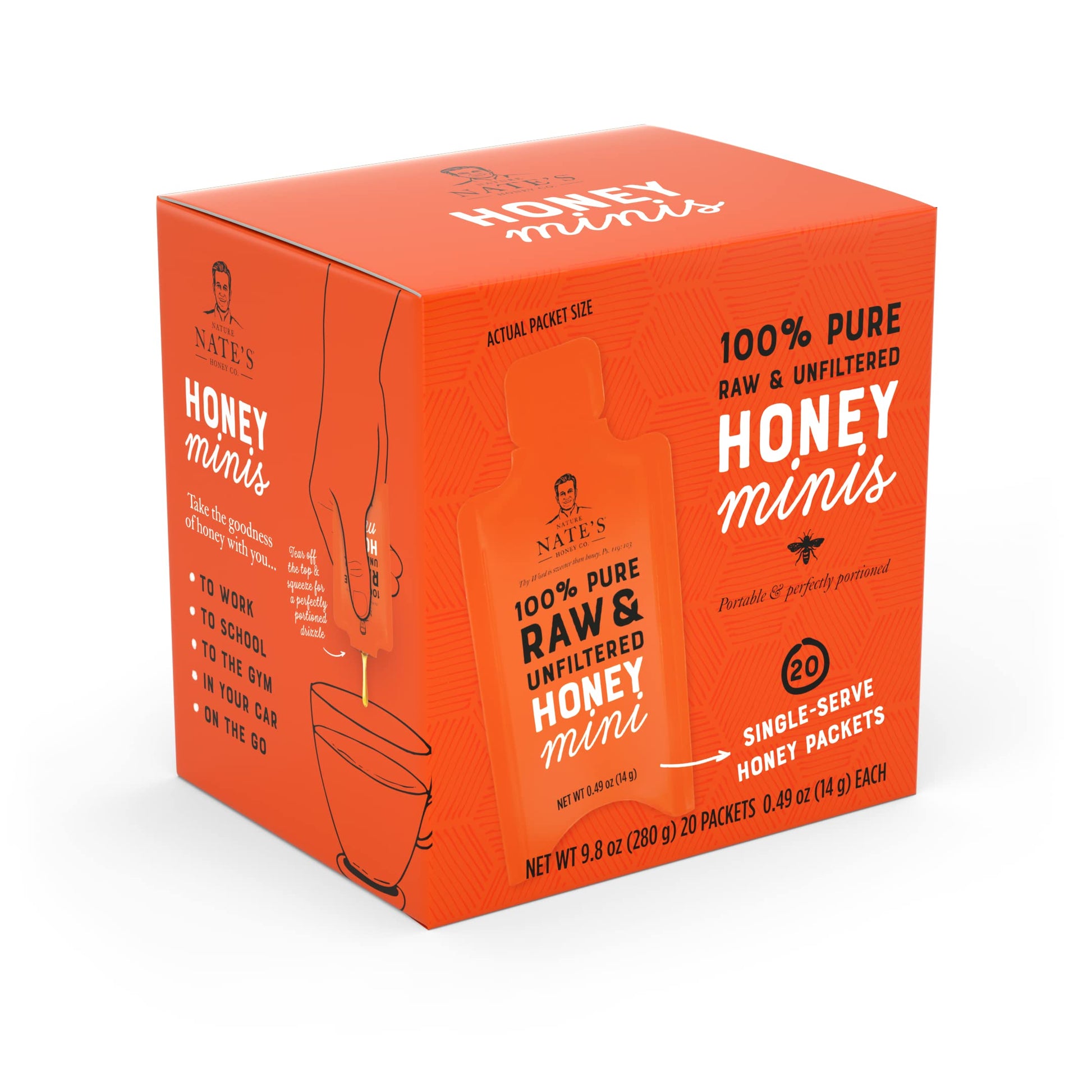 Nate'S Honey Minis - Single-Serve 100% Pure, Raw & Unfiltered Honey - 0.49Oz Packets, 20Ct Box