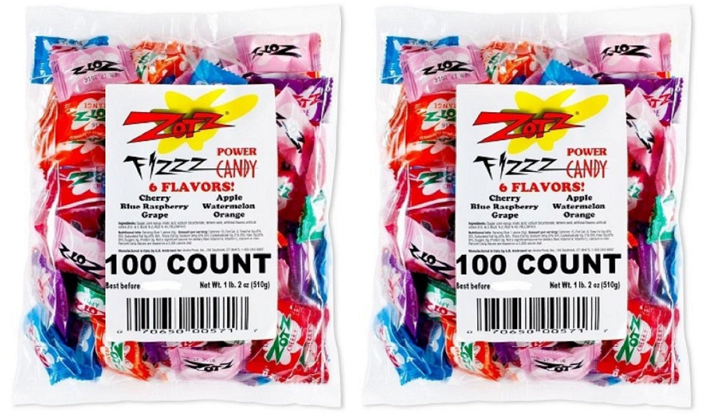 Zotz Fizzy Bulk Candy (Assorted, 200 Units)- Hard Candy Individually Wrapped- Assorted Fruit Flavors, Cherry, Watermelon, Blue R