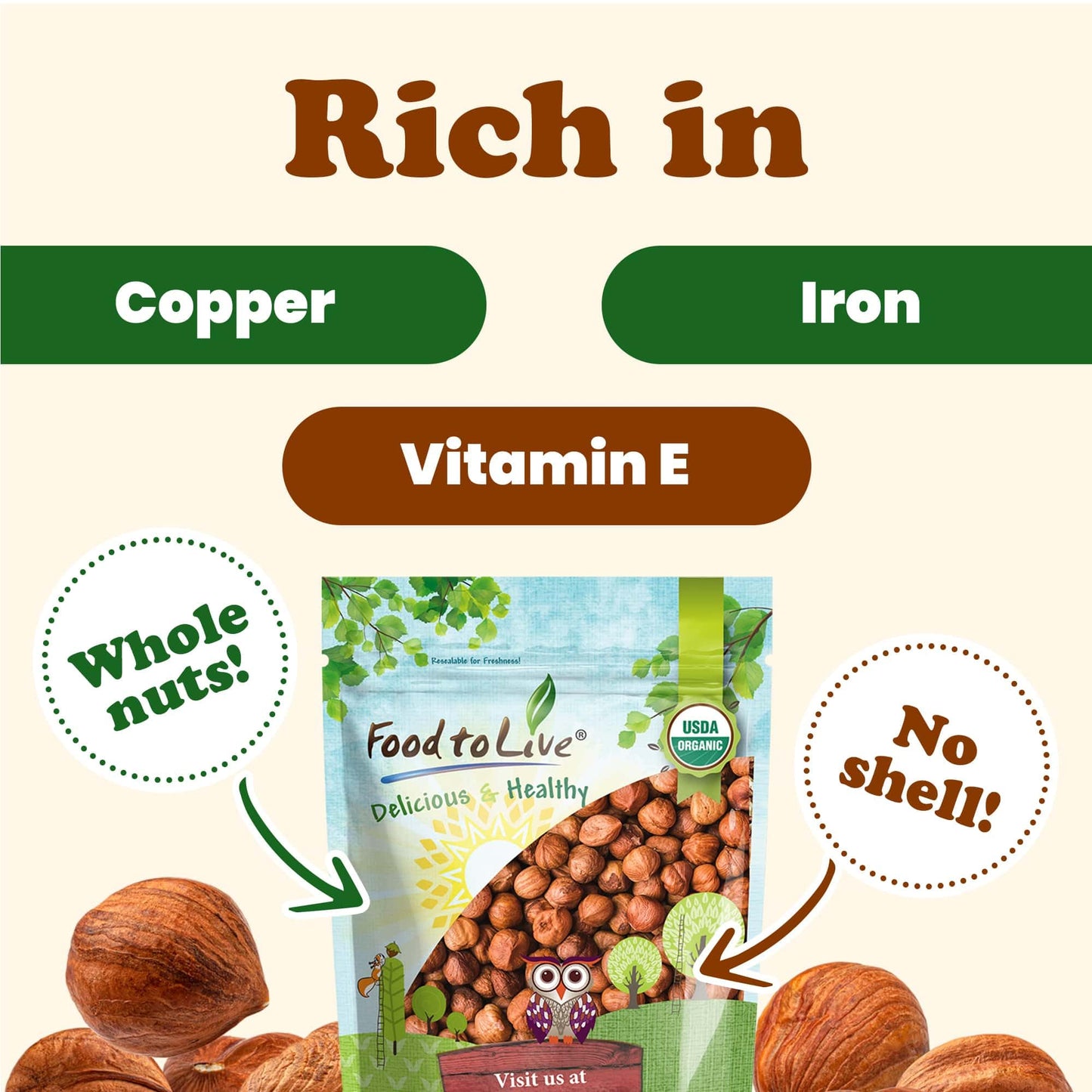 Food to Live - Organic Hazelnuts, 8 Pounds Non-GMO, Raw Filberts, Whole Nuts, Shelled, Unsalted, Kosher, Vegan, Bulk. Crunchy, W