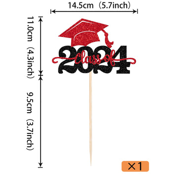 YCTHUNFISH Graduation Cake Topper - Class of 2024 Glitter Cap Decoration, Black & Red, Bamboo Material