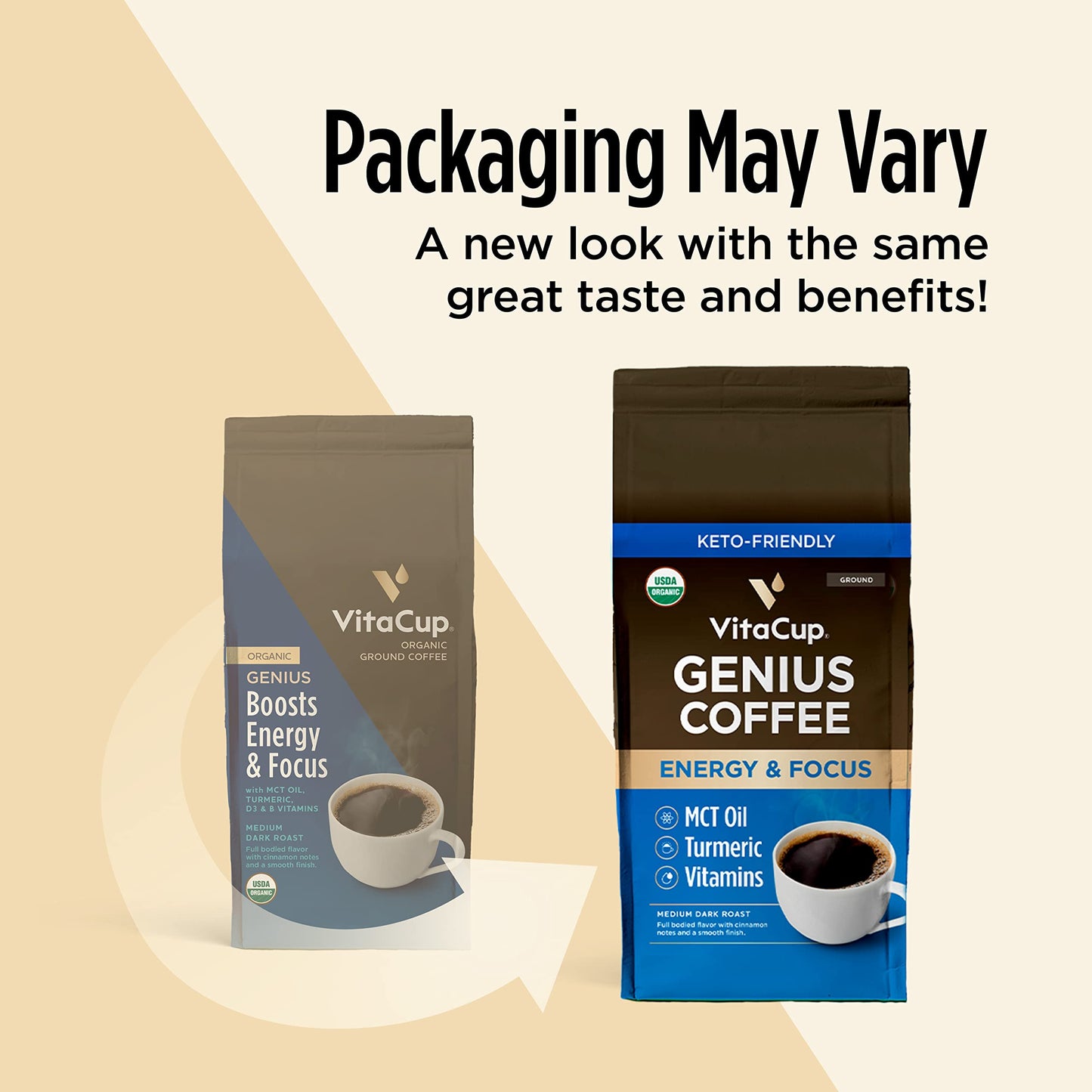 VitaCup Organic Keto Coffee, Medium Dark Roast, 10 oz (Pack of 2), 100% Arabica, with MCT Oil, Turmeric, B Vitamins, D3