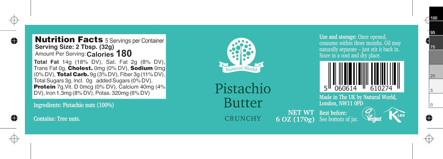 Nutural World - Crunchy Pistachio Butter 6 Oz (170G) / 100% Pure Single Ingredient - Great Taste Award Winner