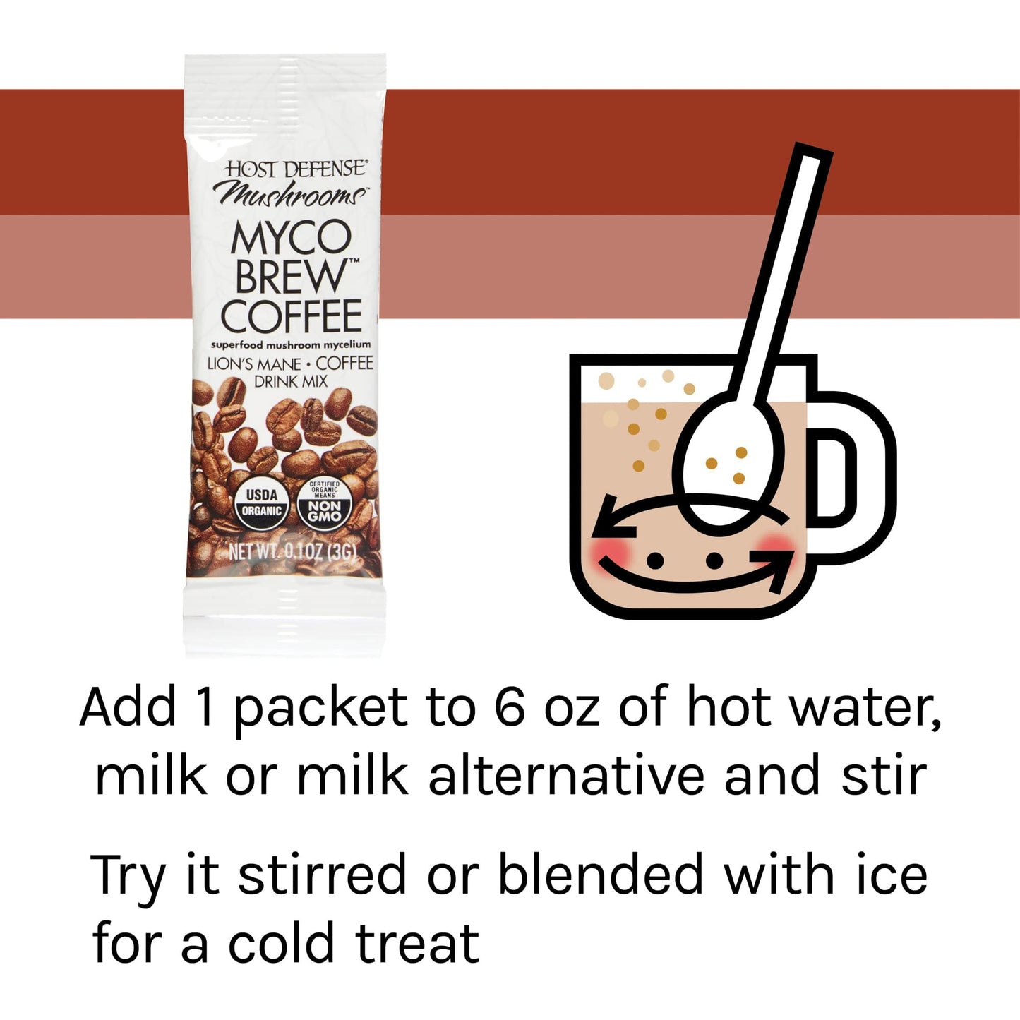 Host Defense, Mycobrew Instant Coffee Drink Mix, Supports Energy And Focus, With Lion’S Mane Mushroom, 1Oz - 10 Packets (0.1Oz Each)