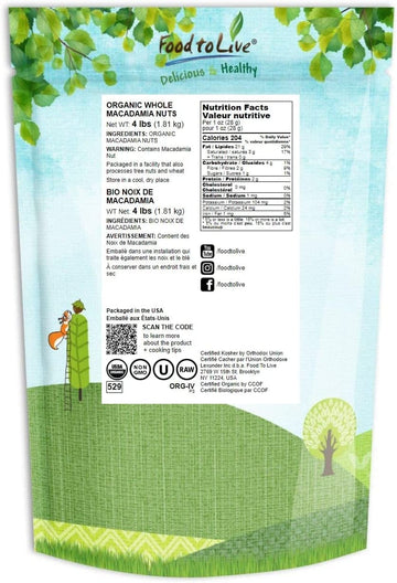 Food to Live Organic Whole Macadamia Nuts 4 Pounds - Non-GMO Raw Shelled Unsalted Kosher Vegan Bulk. Keto Snack. Buttery Flavor. Good Source of Fiber Healthy Fats. Perfect for Desserts.