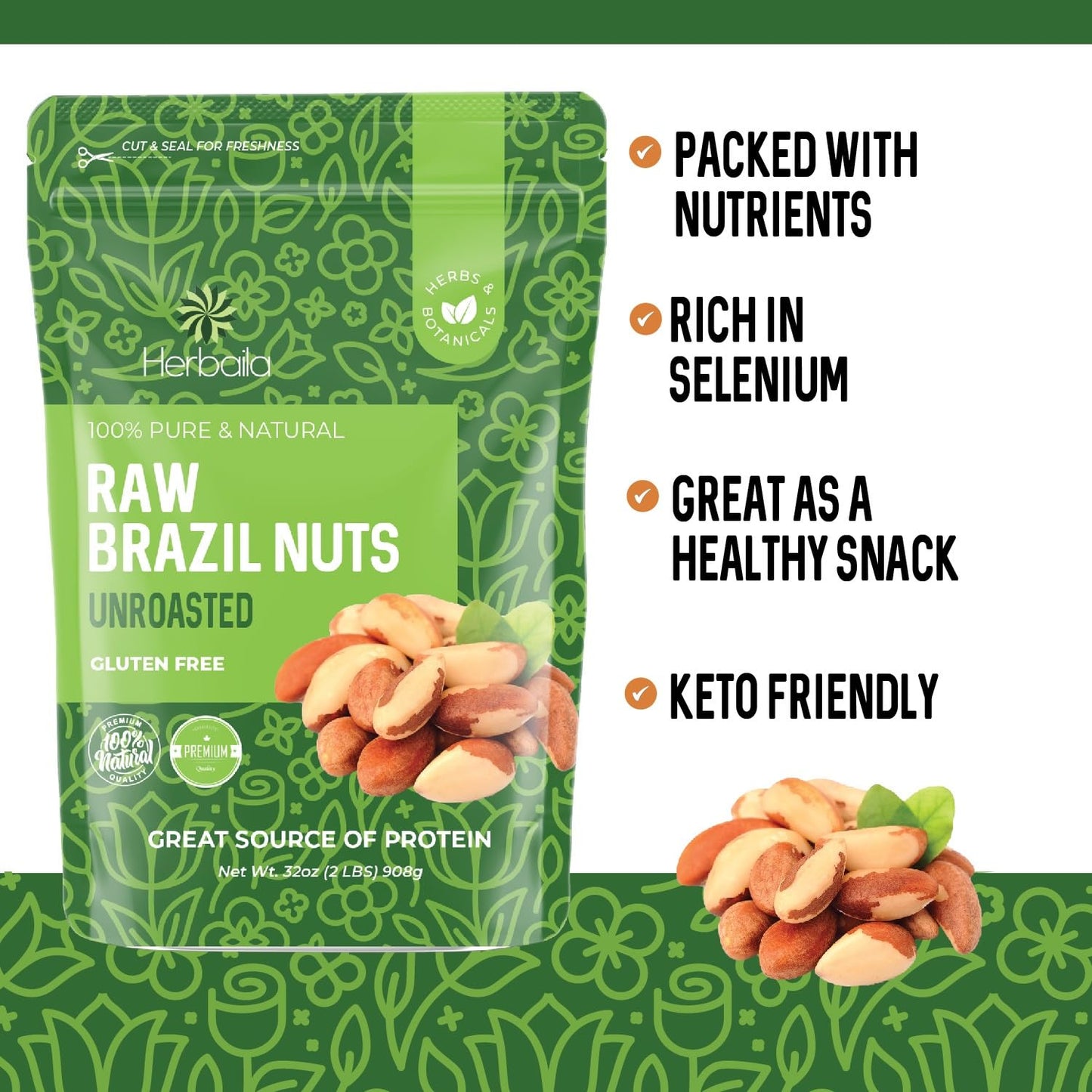 Herbaila Raw Brazil Nuts, Unsalted & Shelled, 32 oz. (2 lb), Non-GMO, Vegan