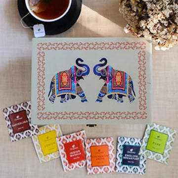 Octavius, Gift'S Select - Assorted Tea In Elephant Printed Wooden Box | 6 Flavors, 90 Tea Bags | Black & Green Tea | Tea Gifts F