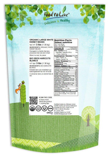 Food To Live Organic Large White Kidney Beans, 3 Pounds Whole Raw Dried Beans, Vegan, Kosher, Bulk. Rich In Dietary Fiber And Pr