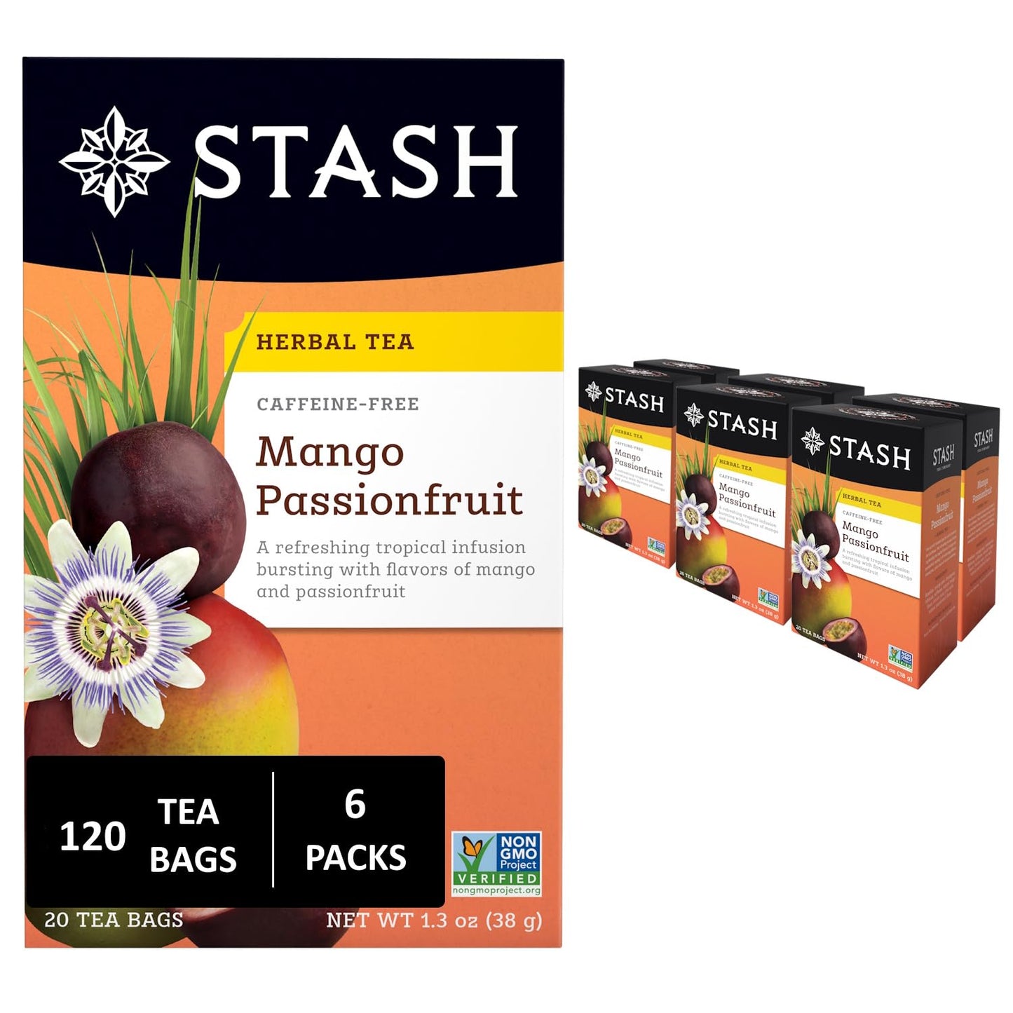 Stash Tea Mango Passionfruit Herbal Tea - Naturally Caffeine Free, Non-GMO Project Verified enhanced Tea with No Artificial Ingredients, 20 Count (Pack of 6) - 120 Bags Total
