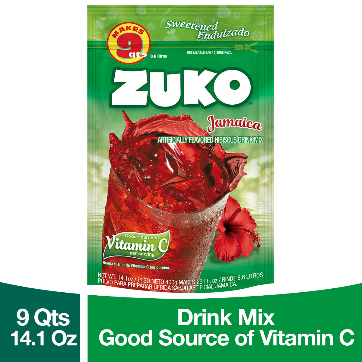 Zuko Jamaica Instant Powder Drink | Family Pack | No Sugar Needed | Vitamin C | 14.1 Ounce (Pack Of 6)