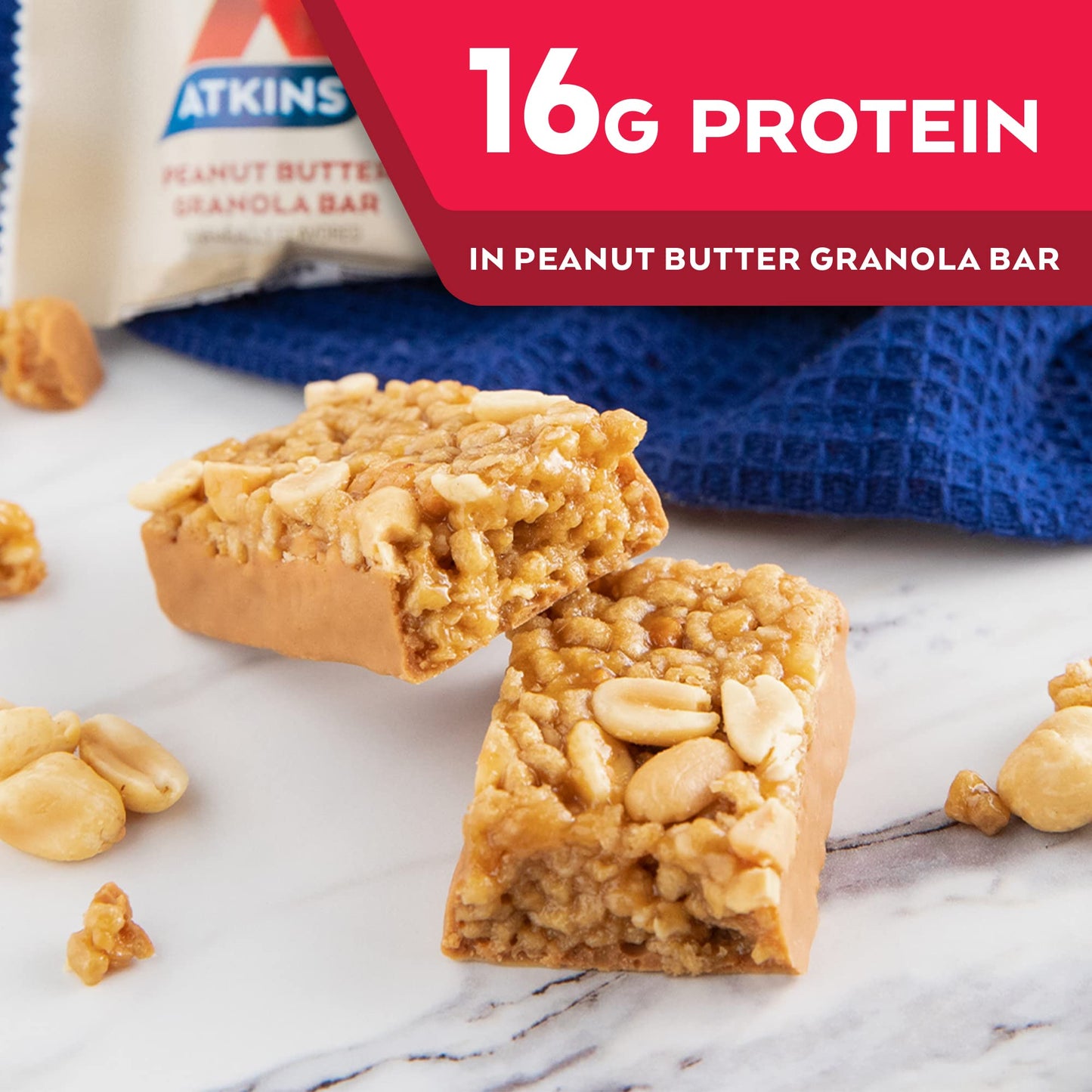 Atkins Peanut Butter Granola Protein Meal Bar, High Fiber, 16g Protein, 1g Sugar, 4g Net Carb, Meal Replacement, Keto Friendly,