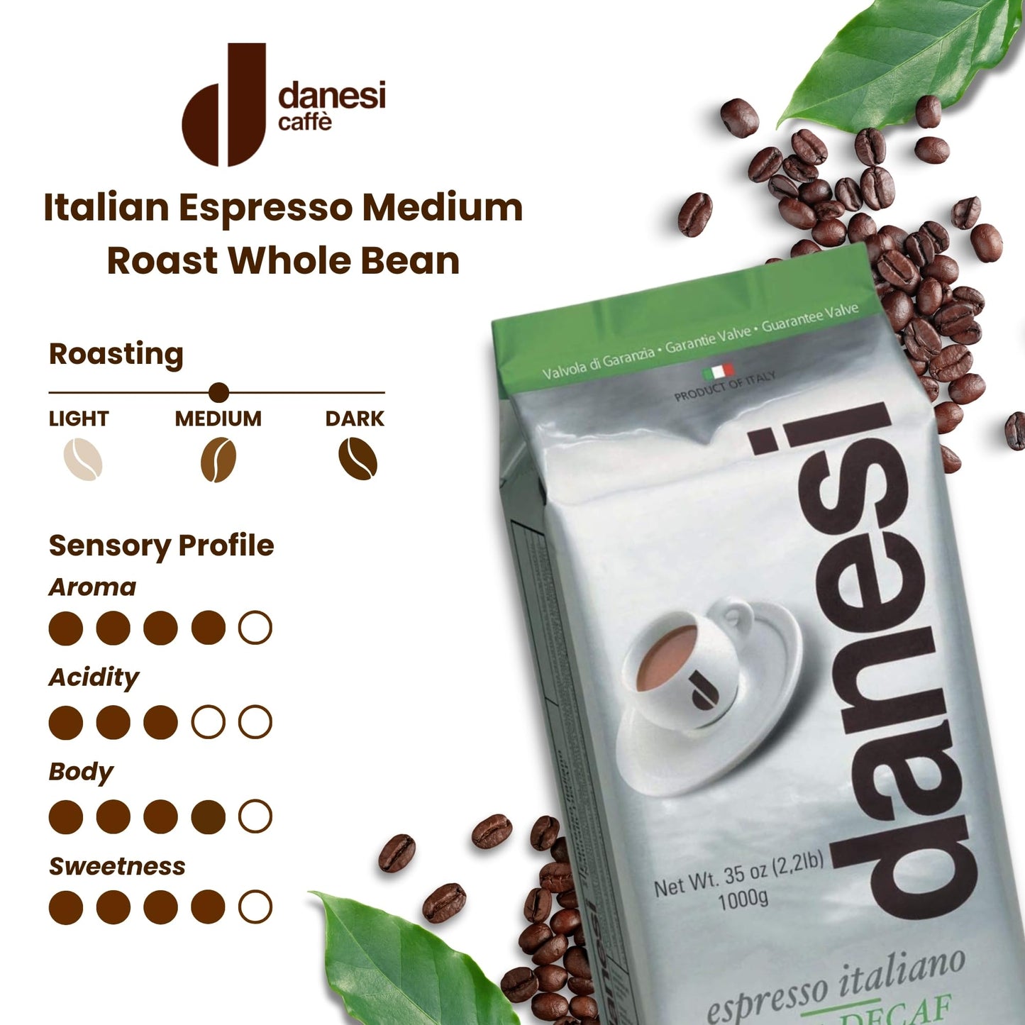 D DANESI CAFFÈ Espresso Coffee Beans - Decaf Medium Roast - 35.2 Ounce (Pack of 1) - Model 8000 1350 90008
