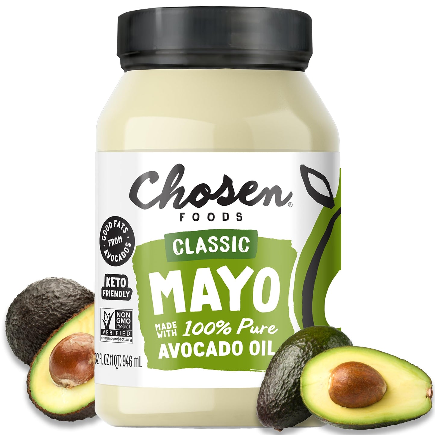 Chosen Foods Avocado Oil Mayonnaise, Gluten & Dairy Free, Keto Friendly, 32 Fl Oz, Made with Cage Free Eggs