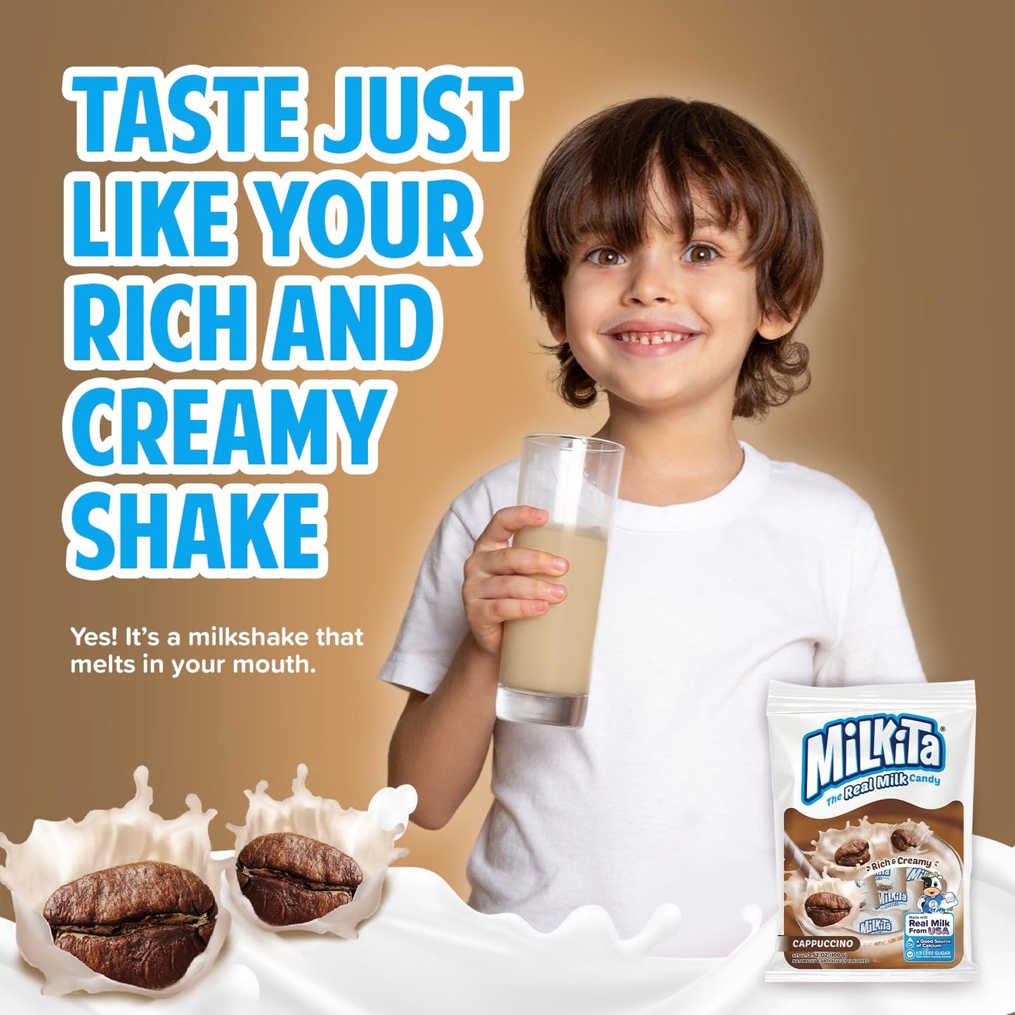 Milkita Creamy Shake Candy Bag, Gluten Free Chewy Candies, Low-Sugar, Cappuccino Flavor, 30 Count, Brown