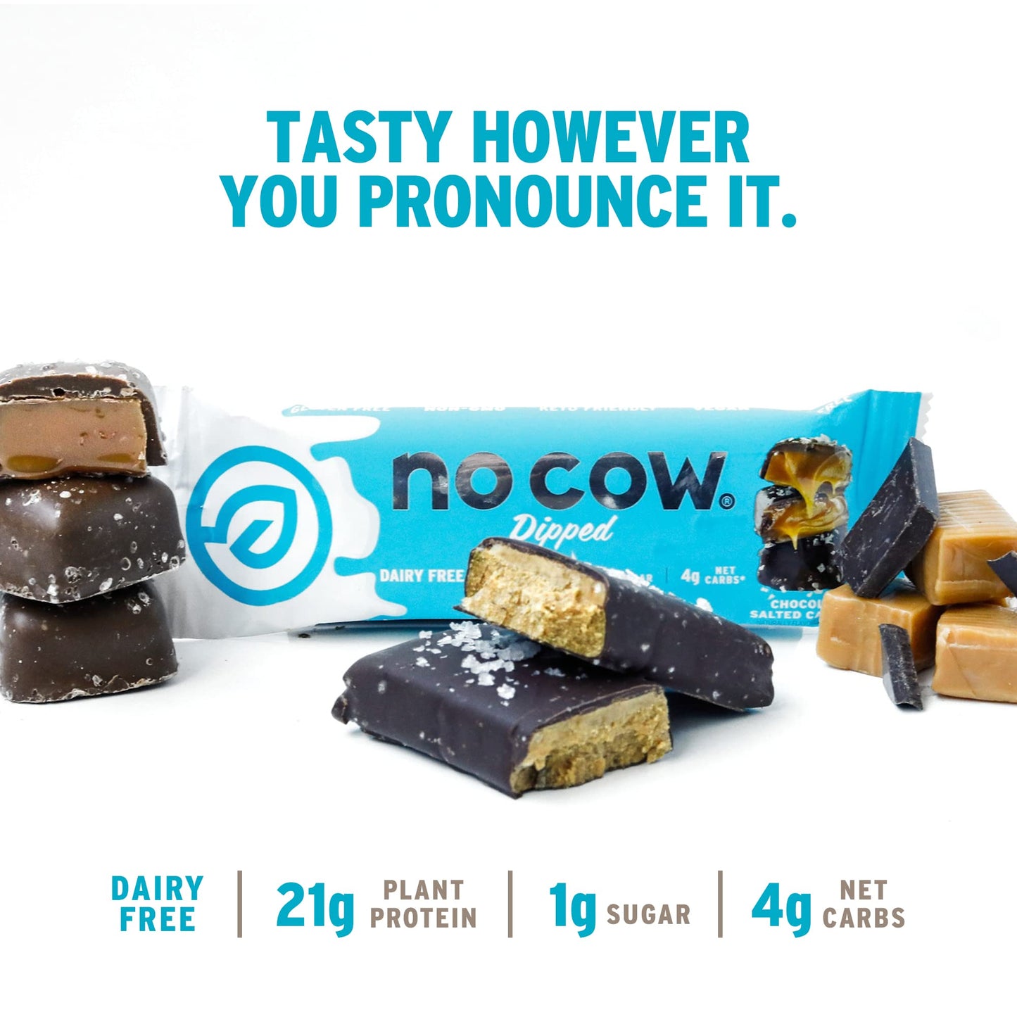 No Cow High Protein Bars, Chocolate Salted Caramel - Healthy Snacks, 20g Vegan Protein, High Fiber, Low Sugar, Keto Friendly, Da