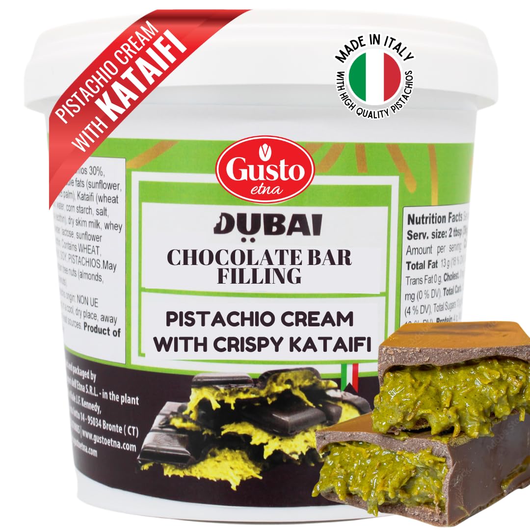 GUSTO ETNA Dubai Pistachio Chocolate Bar Filling- Pistachio Cream with Crispy Kataifi - enhanced Crunchy Spread for Gourmet Dessert Spread 35 oz (1kg) Product of Italy