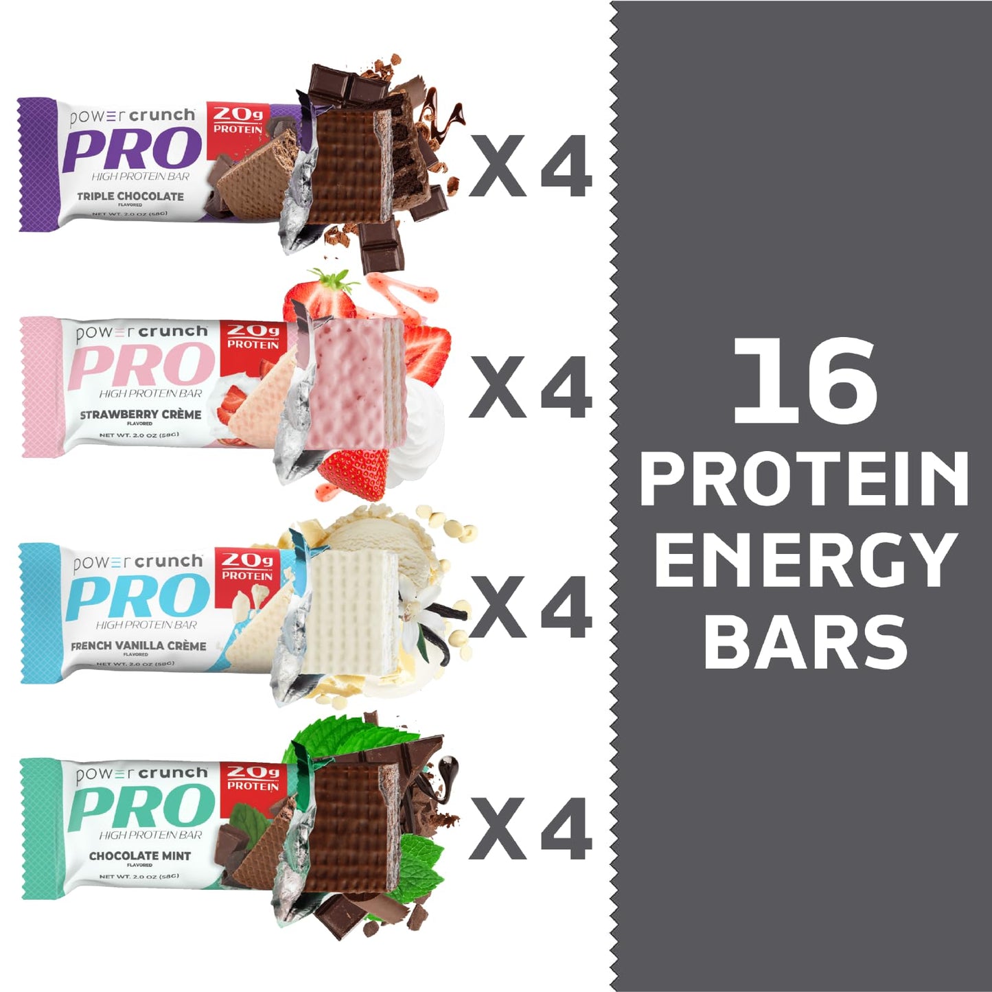 Power Crunch PRO Protein Wafer Bars, Variety Pack, in 4 Flavors 2.0 Ounce Bars (16 Count). High Protein