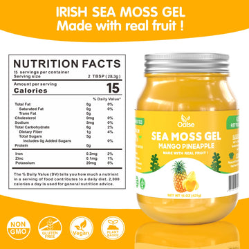 OALSE Sea Moss Gel - Mango Pineapple Flavor, Non-GMO, Gluten-Free, Vegan - 15 OZ, Yellow