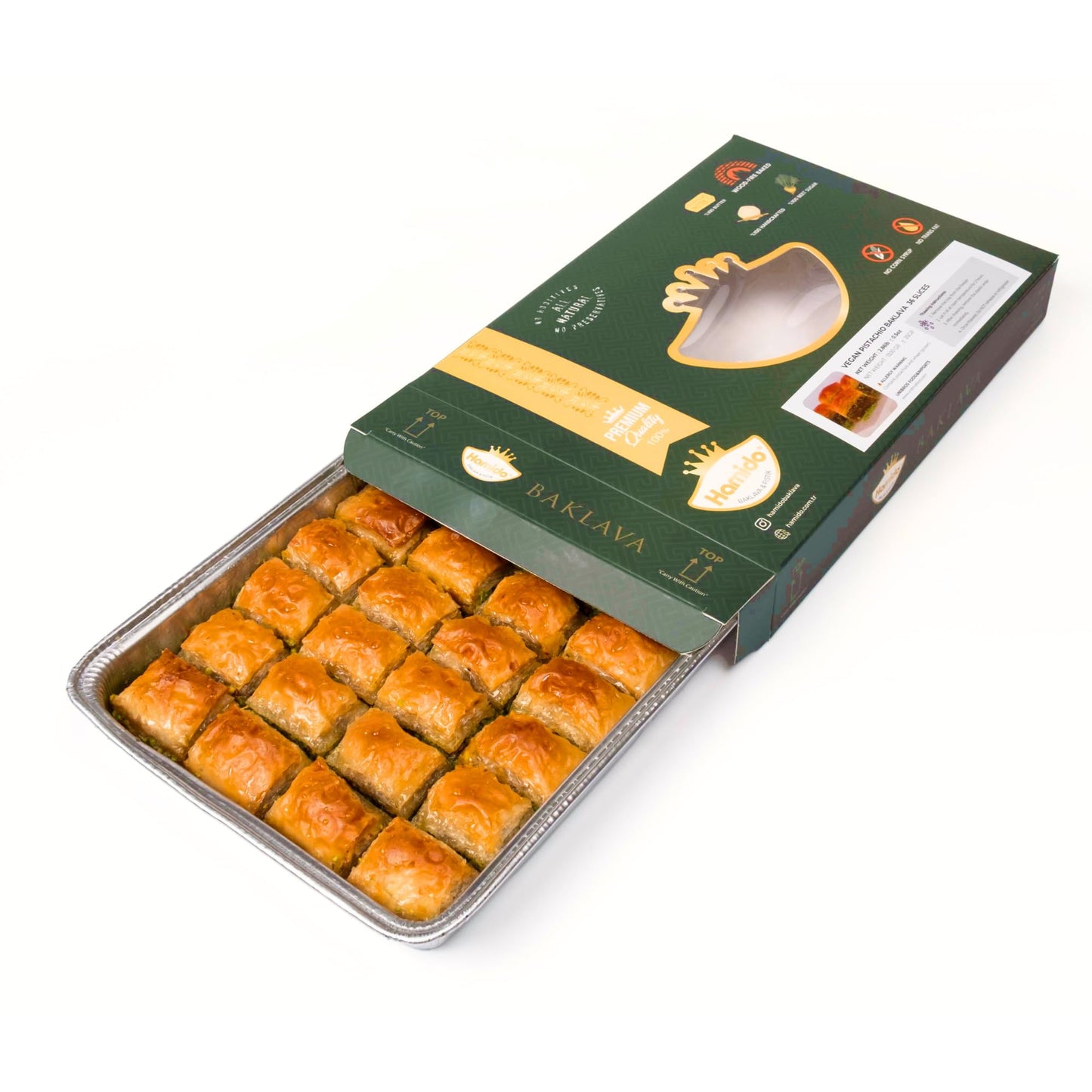 Hamido Vegan Pistachio Baklava Tray 36 Slices - Authentic Gaziantep Baklava with Pure Vegetable Oil & Plant-Based Ingredients, H